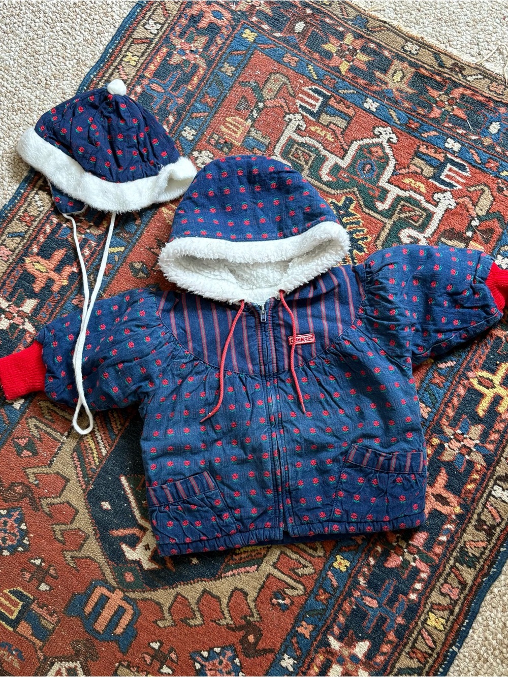 Vintage 90s OshKosh B'gosh Navy Red Polka Dot Hooded Jacket with Matching Hat